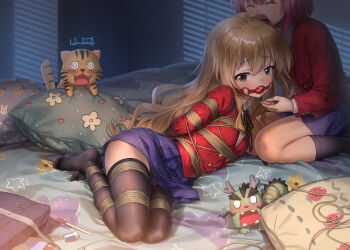 2girls :d absurdres age_difference aisaka_taiga animal arms_behind_back bag ball_gag bdsm black_legwear blue_skirt bondage bound bound_arms bound_breasts bound_legs bound_torso breasts brown_eyes brown_hair closed_eyes clothes_lift controller drooling egg_vibrator eraser female_focus femdom forced_orgasm gag gagged haneru highres holding holding_remote_control indoors kushieda_minori loli long_hair looking_at_viewer lying multiple_girls no_shoes on_bed on_side onee-loli open_mouth palmtop_tiger pillow pleated_skirt pussy_juice red_shirt remote_control saliva saliva_trail school_uniform seiza sex_toy shibari shibari_over_clothes shirt sitting skindentation skirt skirt_lift small_breasts smile socks thighhighs tiger toradora! variant_set vibrator vibrator_cord vibrator_under_clothes wiffle_gag yuri