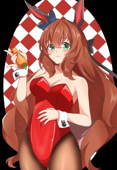 1girl animal_ears bare_shoulders black_bow black_pantyhose blush bow breasts brown_hair carrot cleavage closed_mouth collarbone commentary_request covered_navel crumbs ear_bow ear_covers food food_on_face green_eyes hair_between_eyes highres holding holding_carrot horse_ears horse_girl kyoshinsya_ysis leotard long_hair looking_at_viewer maruzensky_(umamusume) medium_breasts nontraditional_playboy_bunny pantyhose rabbit_ears rabbit_tail red_leotard smile solo strapless strapless_leotard tail umamusume white_wrist_cuffs wrist_cuffs