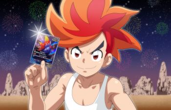 1boy absurdres aerial_fireworks benga_(pokemon) card collarbone duel_masters fireworks highres hitokiwa_kenchin holding holding_card kobayashi_yumiko looking_at_viewer male_focus multicolored_hair nintendo orange_hair pokemon pokemon_bw2 pokemon_tcg red_eyes red_hair shirt sleeveless sleeveless_shirt slither_wing solo two-tone_hair voice_actor_connection white_shirt