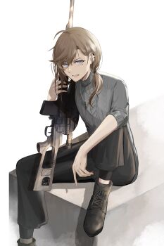 1boy absurdres ahoge black_footwear black_pants blue_eyes ear_piercing highres holding holding_weapon kanae_(8th_costume)_(nijisanji) kanae_(nijisanji) light_brown_hair looking_at_viewer low_ponytail miz_gracia mole mole_under_eye nijisanji open_mouth pants piercing ponytail sitting sniper solo virtual_youtuber weapon