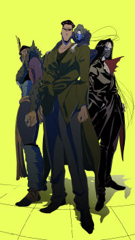 4boys absurdres black_hair bui closed_mouth full_body hat highres karasu_(yu_yu_hakusho) kojima_takashi long_hair long_sleeves male_focus multiple_boys muscular short_hair smile sunglasses toguro_ani toguro_otouto yuu_yuu_hakusho