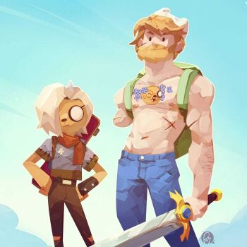 1boy 1girl adventure_time adventure_time:_distant_lands aged_up backpack bag beard blonde_hair blue_pants bronwyn brown_shorts denim dog_girl facial_hair finn_the_human fur furry furry_female green_bag holding holding_sword holding_weapon horns jeans monster_girl pants poppy_betha scar short_hair shorts single_horn skateboard sword topless_female topless_male weapon yellow_fur