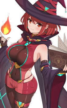 1girl absurdres black_cape black_hat bob_cut book breasts cape chest_jewel closed_mouth covered_navel detached_sleeves earrings fire gem gonzarez hat highres holding holding_book jewelry large_breasts looking_at_viewer nintendo pantyhose pantyhose_under_shorts pyra_(xenoblade) pyrokinesis red_eyes red_hair short_hair short_shorts shorts simple_background smile solo standing swept_bangs thigh_strap thighhighs white_background wide_sleeves witch witch_hat xenoblade_chronicles_(series) xenoblade_chronicles_2