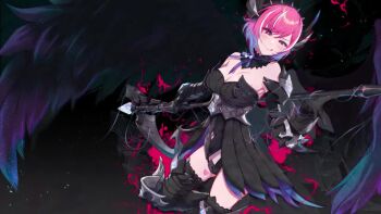 1girl :q animated arcanadea black_gloves black_thighhighs black_wings blush breasts bright_pupils chastity_belt cleavage clip_studio_paint_(medium) crazy_smile dark_persona feathered_wings female_focus gloves hairband holding holding_scythe horns large_breasts leg_tattoo looking_at_viewer lumitia making-of mole mole_on_breast navel_piercing piercing pink_eyes pink_hair pochi_(pochi-goya) scythe smile solo spiked_hairband spikes tagme tattoo thighhighs tongue tongue_out video white_pupils wings