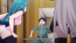 1boy 2girls animated anime_screenshot ass azuma_himari_(mato_seihei_no_slave) back black_hair black_skirt blue_hair blush bouncing_breasts bra breast_press breasts cleavage clenched_teeth closed_eyes clothes_pull collarbone covering_nipples covering_privates earrings feet hair_between_eyes hair_bun hair_ornament highres holding_hands hug hug_from_behind jewelry large_breasts long_hair mato_seihei_no_slave military_uniform mixed_bathing multiple_girls navel nipples open_bra panties pants red_eyes shirt sideboob sidelocks skirt skirt_pull soap soap_bubbles sound stomach subtitled tagme teeth thighs topless_female towel towel_around_waist underboob underwear undressing unworn_bra uzen_kyouka video wakura_yuuki water white_bra white_hair white_panties white_shirt yellow_eyes