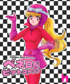 1girl blonde_hair bodysuit gloves goggles goggles_on_head hanna-barbera helmet jacket penelope_pitstop pink_eyes pink_gloves pink_headwear pink_lips pink_skirt red_bodysuit red_jacket saotome_nanda skirt solo wacky_races