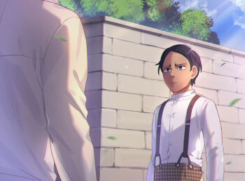 2boys black_hair blue_sky buttons closed_mouth cloud commentary_request foxvulpine golden_kamuy koito_otonoshin long_sleeves looking_at_another male_focus multiple_boys outdoors pants shirt short_hair sky suspenders tsurumi_tokushirou white_shirt