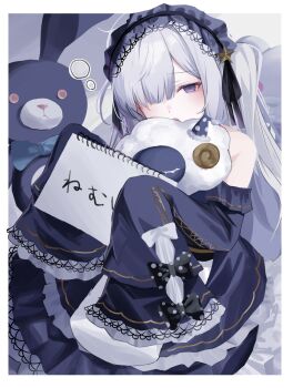 1girl absurdres black_ribbon blue_hairband border bow dress frilled_dress frills gothic_lolita grey_hair hair_over_one_eye hair_ribbon hairband highres holding holding_sketchbook lolita_fashion lolita_hairband long_hair long_sleeves looking_at_viewer mahou_shoujo_no_majo_saiban natsume_an-an polka_dot polka_dot_bow purple_eyes ribbon sketchbook sleepy sleeves_past_fingers sleeves_past_wrists solo stuffed_animal stuffed_sheep stuffed_toy supic1711 teddy_bear very_long_hair white_border