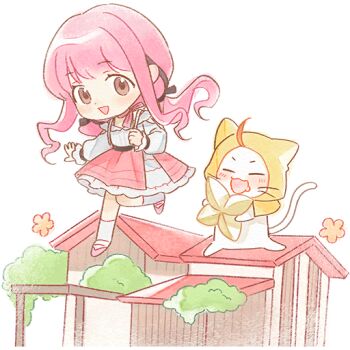 1girl ^_^ ahoge animal arm_cutout artist_request backpack bag bare_shoulders belt black_belt black_bow black_ribbon blunt_bangs bow bow_choker bowtie bra_strap brown_eyes cat chibi choker cloak closed_eyes clothed_animal clothing_cutout dot_nose drooling ear_covers eyelashes floating_clothes floating_hair flower frilled_shirt_collar frilled_skirt frilled_sleeves frills game_cg hair_bow hair_ribbon happy holding hood hood_up hooded_cloak house infinity_nikki jumping knee_up kneehighs layered_skirt light_blush long_hair long_sleeves looking_at_animal low_twintails mary_janes medium_skirt momo_(nikki) moss nikki_(nikki) nikki_(series) off-shoulder_shirt off_shoulder official_art on_roof open_mouth orange_flower oversized_object perfect_start_(infinity_nikki) pink_bow pink_bowtie pink_choker pink_hair pink_shoes pink_skirt pleated_skirt puffy_long_sleeves puffy_sleeves ribbon shirt shoes sidelocks single_stripe skirt sleeves_past_wrists smile socks striped_bow striped_bowtie striped_clothes tareme transparent_background tress_ribbon twintails v-shaped_eyebrows very_long_hair wavy_hair whiskers white_bag white_cat white_shirt white_skirt white_socks yellow_cloak