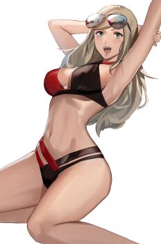 1girl alternate_hairstyle arms_up aviator_sunglasses bikini blonde_hair blue_eyes breasts cleavage eyewear_on_head hair_down highres hand_on_own_arm j@ck large_breasts long_hair multicolored_bikini open_mouth persona persona_5 sitting solo sunglasses swept_bangs swimsuit takamaki_anne thighs white_background