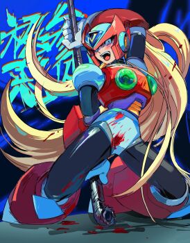 armor blonde_hair blue_background blush chest_jewel commentary_request forehead_jewel helmet highres holding holding_lead_pipe kneeling lead_pipe lidian_s long_hair mega_man_(series) mega_man_x4 mega_man_x_(series) open_mouth red_armor red_helmet sexually_suggestive translation_request zero_(mega_man)