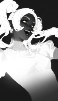 1girl dethmaid gloves glowing glowing_eyes highres hollow_knight humanization lace_(hollow_knight) laughing monochrome open_mouth parted_lips solo twintails upper_body