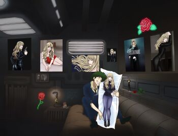 blonde_hair blue_eyes couple cowboy_bebop curls dakimakura_(medium) doll flower green_hair highres julia_(cowboy_bebop) room rose spike_spiegel suiyobi sunglasses