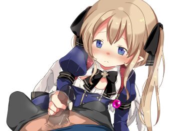 1boy 1girl :< angel angel_wings ariel_(oukoku_no_shugo_tenshi) black_bow black_pants blue_dress blue_eyes blush bow breasts brown_hair cleavage_cutout closed_mouth clothes_pull clothing_cutout dress feathered_wings game_cg hair_between_eyes half-closed_eyes handjob heavy_breathing hikaru_(sgst) juliet_sleeves large_variant_set long_hair long_sleeves looking_at_penis non-web_source oukoku_no_shugo_tenshi pants pants_pull penis pointy_ears pov pov_crotch precum puffy_sleeves sidelocks simple_background small_breasts tareme transparent_background twintails underbust variant_set very_long_hair white_wings wings