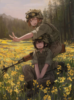 2girls absurdres boots brown_hair bulletproof_vest combat_helmet field flower flower_field forest gun helmet highres kneeling light_machine_gun machine_gun military military_uniform multiple_girls nature one_eye_closed orange_hair original outdoors rpk ryu7599 sitting sky smile v weapon yellow_flower