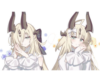 2girls absurdres ahoge arknights black_bow blonde_hair blush bow clothing_cutout commentary dragon_horns flower frown green_eyes hair_bow highres horns isikishoku_akn long_hair looking_at_viewer multiple_girls necrass_(arknights) necrass_(young)_(arknights) own_hands_clasped own_hands_together purple_flower reed_(arknights) reed_(young)_(arknights) shirt shoulder_cutout siblings simple_background sisters slit_pupils smile steepled_fingers string string_of_fate symbol-only_commentary upper_body white_background white_shirt yellow_flower
