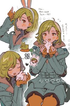 1other animal aqua_coat aqua_shorts arm_up belt blush carrot chibi chibi_inset coat commentary_request cowboy_shot curtained_hair fingerless_gloves gloves gnosia green_hair hair_ornament hairclip hands_up heart high_collar highres holding holding_animal holding_rabbit long_sleeves multiple_views open_mouth orange_gloves orange_pantyhose other_focus pantyhose partially_fingerless_gloves profile rabbit setsu_(gnosia) short_hair shorts sitting strap surround_sara_udon turtleneck upper_body