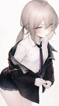 1girl absurdres black_necktie black_skirt blush breast_pocket breasts commentary girls&#039;_frontline girls&#039;_frontline_2:_exilium grey_hair highres jacket long_hair low_ponytail m200_(girls&#039;_frontline) necktie open_clothes open_jacket open_mouth pocket ponytail purple_eyes renoahh shirt sidelocks simple_background skirt small_breasts solo white_background white_shirt zipper