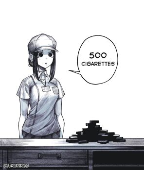 1girl 500_cigarettes_(meme) artist_name breast_pocket breasts commentary drawer english_commentary greyscale hat highres id_card lanyard large_breasts long_hair meme money monochrome no_pupils original pants parted_lips pocket senukin shirt short_sleeves sidelocks simple_background solo speech_bubble white_background
