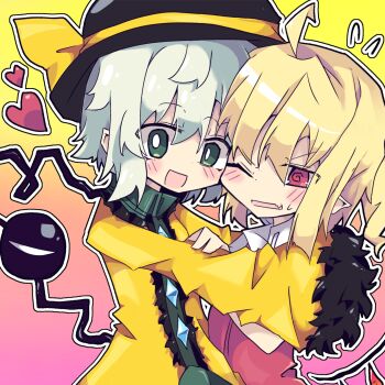 @_@ black_hat blonde_hair bow commentary crystal_wings flandre_scarlet gradient_background green_eyes green_hair green_skirt hat highres hug komeiji_koishi red_eyes red_shirt shirt skirt smile suikabe_(user113791398) third_eye touhou wings yellow_bow yellow_shirt yuri