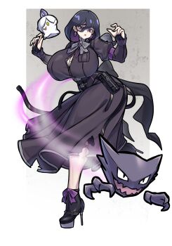 1girl @_@ absurdres belted black_eyes black_hair blush boots breasts corset dress gen_1_pokemon ghost hex_maniac_(pokemon) hex_maniac_(pokemon_legends:_z-a) high_heel_boots high_heels highres huge_breasts jewelry large_breasts long_hair long_sleeves mature_female nail_polish nintendo open_mouth pokemon pokemon_(creature) pokemon_legends:_z-a puffy_sleeves purple_nails purple_ribbon ribbon standing