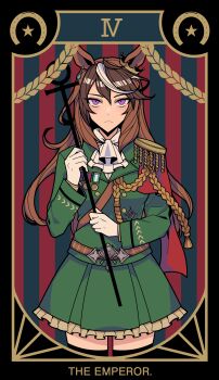 1girl absurdres aiguillette animal_ears ascot black_thighhighs brown_hair buttons cape card card_(medium) closed_mouth commentary_request double-breasted earrings epaulettes gloves green_jacket green_skirt hair_between_eyes highres holding holding_scepter horse_ears horse_girl jacket jewelry long_hair looking_at_viewer medal multicolored_hair purple_eyes red_cape rirashi scepter side_cape single_earring single_epaulette skirt star_(symbol) streaked_hair symboli_rudolf_(emperor's_path)_(umamusume) symboli_rudolf_(umamusume) tarot tarot_(medium) tarot_card the_emperor_(tarot) thighhighs umamusume white_ascot white_gloves white_hair