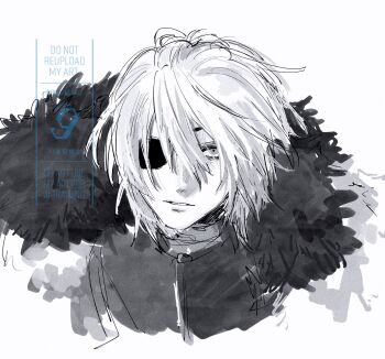 Rule 34 | 1boy, armor, breastplate, cape, commentary request, cropped torso, dimitri alexandre blaiddyd, dimitri alexandre blaiddyd (timeskip), eyepatch, fire emblem, fire emblem: three houses, fur-trimmed cape, fur trim, hair between eyes, highres, male focus, nine dnjnms, nintendo, one eye covered, parted lips, short hair, simple background, solo, watermark, white background