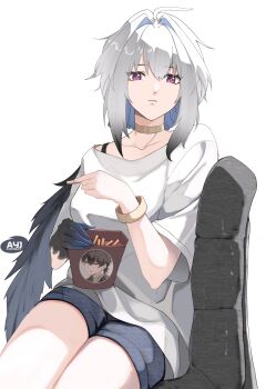 1girl absurdres alternate_costume artist_logo ayj_(ayoungart) blue_hair blue_shorts breasts closed_mouth collarbone commentary english_commentary galbrena_(wuthering_waves) gold_choker grey_hair highres holding large_breasts logo looking_at_viewer male_rover_(wuthering_waves) medium_hair purple_eyes rover_(wuthering_waves) shirt shorts simple_background sitting_sideways solo white_background white_shirt wuthering_waves