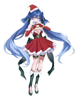 1girl absurdres ahoge alternate_costume bare_shoulders blue_eyes blush breasts cleavage commentary dress gradient_hair hat heart heart_hands highres iuno_(wuthering_waves) large_breasts laurel_crown long_hair looking_at_viewer multicolored_hair open_mouth red_dress rkin santa_costume santa_hat solo streaked_hair symbol-only_commentary tacet_mark_(wuthering_waves) twintails very_long_hair white_background wuthering_waves