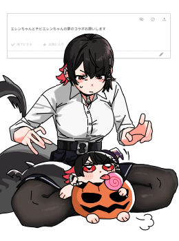 2girls :/ absurdres andii_(anzai_teachco) belted_skirt black_choker black_pantyhose blue_skirt blush candy chibi choker closed_mouth colored_inner_hair commentary_request crossed_legs dual_persona earclip ellen_joe ellen_joe_(on_campus) fins fish_tail food half-closed_eyes halloween_bucket highres holding holding_candy holding_food holding_lollipop lollipop looking_at_another mole mole_under_eye multicolored_hair multiple_girls official_alternate_costume pantyhose pendant_choker pumpkin pumpkin_costume razor_blade_hair_ornament red_eyes red_hair shark_girl shark_tail shirt sitting skirt sleeves_rolled_up sweatdrop tail v-shaped_eyebrows white_background white_shirt zenless_zone_zero