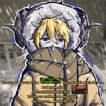 1girl black_eyes blonde_hair brown_scarf commentary covered_mouth dilated_pupils don_quixote_(project_moon) english_commentary english_text fur-trimmed_hood fur_hood fur_trim game_screenshot_inset hair_between_eyes heishou_pack-wei_branch_(identity)_(project_moon) highres hood hood_up horns husbant_(meme) jaaakot jacket limbus_company looking_at_viewer meme old_english_text project_moon scarf sheep_horns short_hair snot snowing solo trembling upper_body wide-eyed yellow_jacket