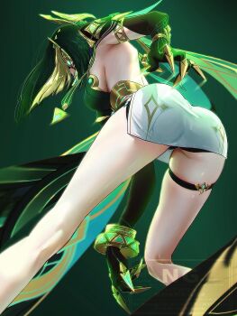 1girl absurdres ancient_egyptian_clothes ass breasts claws commentary fake_claws from_behind genshin_impact green_background green_hair green_shirt highres medium_breasts miniskirt nefer_(genshin_impact) nmaywo shirt short_hair skindentation skirt solo symbol-only_commentary thigh_strap watermark white_skirt