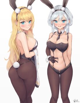Rule 34 | 2girls, abs, animal ears, aqua eyes, arm behind back, ass, azur lane, bare shoulders, between breasts, black gloves, black necktie, blonde hair, blush, breasts, closed mouth, commentary, d.birb, detached collar, dot nose, double-parted bangs, elbow gloves, fake animal ears, fake tail, forehead, from behind, gloves, grey hair, hair between eyes, hair ornament, highleg, highleg panties, highres, holding, holding shirt, holding unworn clothes, large breasts, legs apart, legs together, long bangs, long legs, looking at viewer, looking back, medium breasts, microskirt, multiple girls, navel, necktie, necktie between breasts, nontraditional playboy bunny, north carolina (azur lane), open mouth, panties, playboy bunny, pom pom (clothes), pom pom hair ornament, rabbit tail, shirt, sideboob, signature, simple background, single elbow glove, skirt, smile, string panties, sweat, tail, teeth, thong, twitter username, underwear, unworn shirt, upper teeth only, v-shaped eyebrows, washington (azur lane), white background, white shirt, wrist cuffs