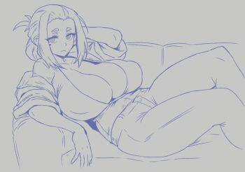 1girl 2025 adjusting_hair breasts cleavage commentary commission couch covered_erect_nipples elbow_rest english_commentary feet_out_of_frame frown hair_bun high-waist_pants huge_breasts kaii_to_otome_to_kamikakushi looking_at_viewer lying mature_female mole mole_under_eye monochrome ogawa_sumireko on_back open_clothes open_shirt pants parted_bangs sackoni sidelocks simple_background sleeves_rolled_up thighs