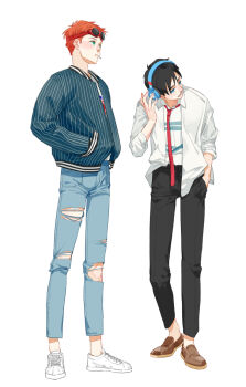 2boys batman_(series) black_hair blue_eyes dc_comics dick_grayson flash_(series) goggles green_eyes headphones highres male_focus multiple_boys orange_hair simple_background teen_titans wally_west