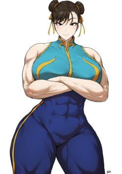 Rule 34 | 1girl, artist name, bare shoulders, batako (batakoart), blue bodysuit, blush, bodysuit, breasts, brown eyes, brown hair, capcom, chun-li, closed mouth, covered abs, covered navel, crossed arms, double bun, hair bun, highres, large breasts, looking at viewer, muscular, muscular female, short hair, smile, solo, street fighter, street fighter zero (series)