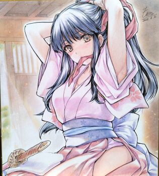 1girl adjusting_hair armpits arms_behind_head artist_name blue_hair breasts brown_eyes dated hair_ribbon highres japanese_clothes legs long_hair long_skirt looking_at_viewer medium_breasts mouth_hold ponytail ribbon sakura_taisen sega shinguuji_sakura sitting skirt solo sword thighs traditional_media weapon