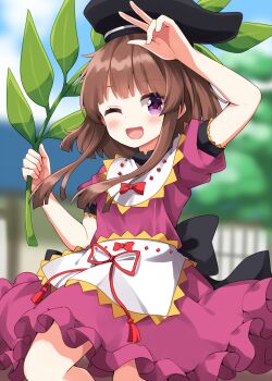 1girl ;d apron arm_up back_bow black_bow black_hat blunt_bangs blush bow brown_hair commentary cowboy_shot dress hat highres holding holding_plant looking_at_viewer nishida_satono one_eye_closed open_mouth plant purple_dress purple_eyes ruu_(tksymkw) short_hair_with_long_locks short_sleeves smile solo tate_eboshi touhou w waist_apron white_apron