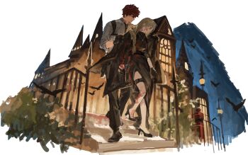 1boy 1girl alex_(degrees_of_lewdity) alex_(male)_(degrees_of_lewdity) belt bird black_belt black_bird black_dress black_gloves black_jacket black_necktie black_pants black_shoes black_straps blonde_hair blood blood_on_face blood_on_ground blood_on_leg braid bush chest_harness chinese_commentary church closed_mouth collared_shirt commentary_request crow degrees_of_lewdity double-parted_bangs dress dressing_another expressionless freckles from_below full_body gem gloves green_eyes green_gem hair_between_eyes harness hice_hideice high_heels highres holding holding_jacket holding_unworn_clothes jacket jacket_on_shoulders jewelry long_dress long_hair looking_ahead looking_at_another necklace necktie night open_collar outdoors pants parted_lips player_character_(degrees_of_lewdity) player_character_(female)_(degrees_of_lewdity) railing red_hair shirt shoes short_hair side_braid side_slit single_braid stairs thigh_strap three-quarter_sleeves unfinished unworn_jacket walking white_shirt wing_collar yellow_eyes