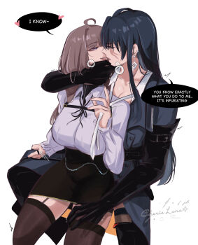 2girls belt black_coat black_gloves black_hair black_skirt black_thighhighs breasts brown_hair cherie_luna chief_(path_to_nowhere) cleavage coat collared_shirt commentary earrings elbow_gloves english_commentary english_text female_chief_(path_to_nowhere) garter_straps gloves heart highres jewelry large_breasts long_hair long_sleeves multiple_girls open_mouth original path_to_nowhere purple_eyes purple_shirt rahu_(path_to_nowhere) scar scar_across_eye scar_on_face shirt simple_background sitting sitting_on_lap sitting_on_person skirt smile speech_bubble thighhighs white_background yuri