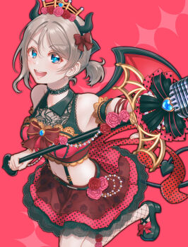 1girl arm_up armpits bare_shoulders belt blue_bow blue_eyes bow bracelet breasts brown_hair collar demon demon_horns demon_tail demon_wings dress fishnet_socks fishnets flower frills garter_straps gem grey_hair hair_ornament hands_up headband heart high_heels highres holding holding_microphone horns jewelry lace lace_trim love_live! love_live!_sunshine!! microphone microphone_stand midriff navel open_mouth pearl_(gemstone) pearl_bracelet pink_background pink_flower pink_rose ponytail red_background red_flower red_rose rose short_hair short_ponytail simple_background skirt smile socks solo stomach suspenders tail teeth tiara toine watanabe_you wings