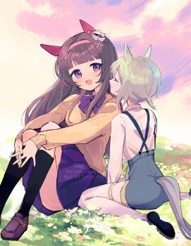 2girls animal_ears black_socks blue_shorts blunt_bangs blush bow brown_hair brown_sweater closed_eyes closed_mouth commentary ear_covers flower grass grey_hair hair_ornament hairband highres horse_ears horse_girl horse_tail kneehighs kurumi_poke long_hair long_sleeves multiple_girls nishino_flower_(umamusume) open_mouth outdoors pink_hairband purple_bow purple_eyes purple_skirt seiun_sky_(umamusume) shirt short_hair shorts sitting skirt sky smile socks suspenders sweater symbol-only_commentary tail thighhighs umamusume wariza white_shirt white_thighhighs x_hair_ornament
