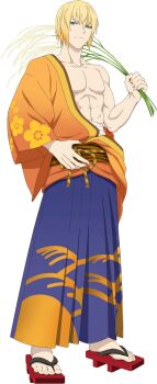 Rule 34 | 1boy, artist request, bandages, blonde hair, blue eyes, eizen (tales), frown, full body, game cg, geta, highres, holding, japanese clothes, kimono, looking at viewer, male focus, official alternate costume, official art, orange kimono, short hair, solo, tales of (series), tales of asteria, tales of berseria, third-party source, transparent background