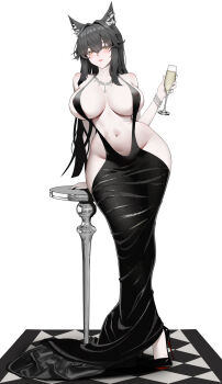 1girl absurdres alcohol alternate_breast_size_(larger) alternate_costume animal_ears arknights bare_shoulders black_dress black_hair breasts champagne champagne_flute commentary_request covered_erect_nipples cup dress drinking_glass evening_gown highres holding holding_cup huge_breasts jewelry long_hair looking_at_viewer navel necklace revealing_clothes simple_background solo stomach texas_(arknights) white_background wolf_ears wolf_girl yat_(tsmn7245) yellow_eyes