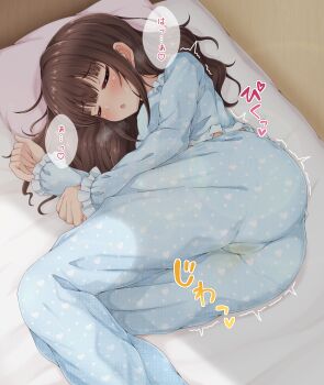 1girl azuma_(azumapic) bedwetting blush brown_hair closed_eyes commentary_request highres long_hair long_sleeves lying on_side original pajamas pee peeing peeing_self pillow shirt solo trembling