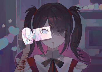 2girls ame-chan_(needy_girl_overdose) bedroom black_eyes black_hair blood blue_eyes blue_hair chouzetsusaikawa_tenshi-chan computer daijoyuu-san_(synthesizer_v) dark diagonal_bangs dual_persona hair_ornament hair_over_one_eye heterochromia highres indoors injury kyrimo1211 looking_at_viewer multiple_girls multiple_scars neck_ribbon needy_girl_overdose nosebleed open_mouth pink_hair revealing_layer ribbon scar scar_on_arm screen_zoom self-harm short_twintails sidelocks twintails winged_sleeves wrist_cutting x_hair_ornament