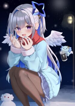 1girl absurdres alternate_costume amane_kanata angel angel_wings black_pantyhose black_skirt blue_hair blue_jacket blue_nails blue_streaks cet_(hajisirazunoko) colored_inner_hair grey_hair hair_ornament hairpin highres hololive jacket lamppost looking_at_viewer multicolored_hair nail_polish outdoors pantyhose red_scarf scarf skirt smile solo streaked_hair two_side_up upao_(amane_kanata) virtual_youtuber wings x_hair_ornament