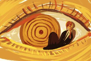 1girl black_coat black_necktie black_pants braid braided_ponytail chainsaw_man coat eye_focus makima_(chainsaw_man) necktie pants red_eyes red_hair ringed_eyes sitting suke_lover2 trench_coat yellow_eyes