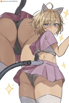 1boy ahoge animal_ear_fluff animal_ears artist_name ass ass_focus black_panties blonde_hair blue_eyes blush bulge cat_boy cat_ears cat_tail commentary commission cowboy_shot crop_top crossdressing crossdressing_(mtf) english_commentary eyelashes from_behind from_below hair_between_eyes highres looking_at_viewer looking_back male_focus midriff multiple_views nabibutter original panties pantyshot patreon_logo patreon_username pink_skirt pleated_skirt short_hair simple_background skirt sparkle sparkling_eyes tail tan thick_thighs thighhighs thighs trap underwear upskirt white_background white_thighhighs xcider