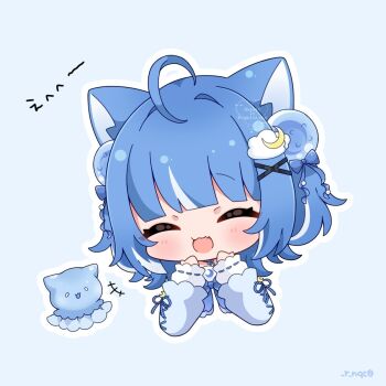 1girl :3 :d ^_^ ahoge amase_mako animal_ears blue_background blue_bow blue_bowtie blue_hair blue_shirt blunt_bangs blush bow bowtie cat_ears cat_girl chibi chibi_only closed_eyes cloud_hair_ornament commentary_request cropped_torso hair_bow hair_intakes hair_ornament hands_up highres indie_virtual_youtuber kurageu_roa long_sleeves multicolored_hair open_mouth outline shirt short_hair simple_background sleeves_past_wrists smile solo streaked_hair twitter_username virtual_youtuber white_outline x_hair_ornament